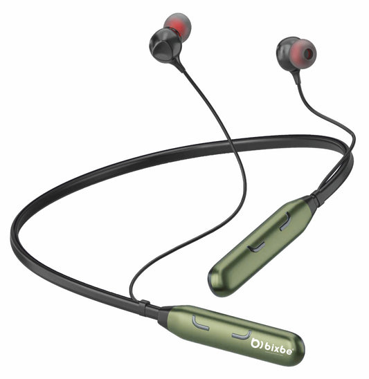 Bixbe Wireless Neckband Bluetooth Earphones – up to 60H Playtime | Fast Charging | Heavy Bass | Red, Olive Green