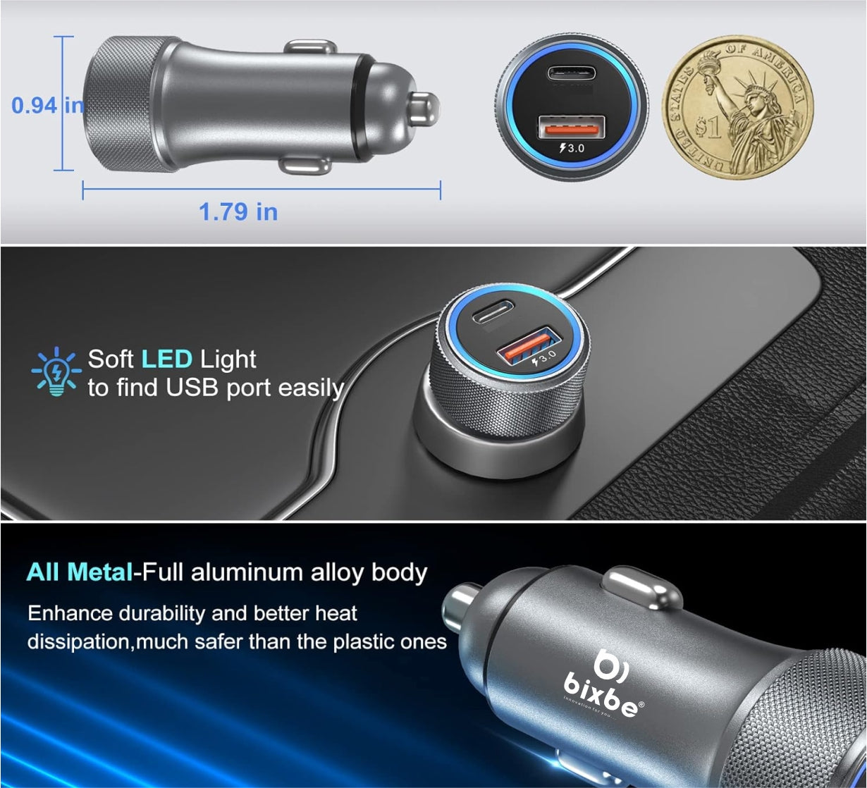 BIXBE 100W Metal Fast Car Charger with Dual Output, 100 Watts Total ), Fast Charging, Adapter for iPhone & Android Smartphones and Tablets (Black,Silver)