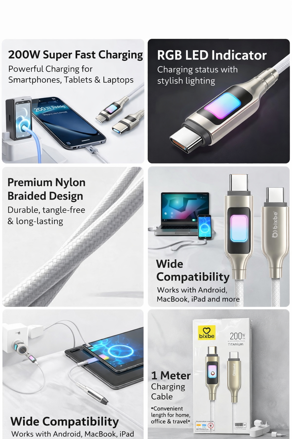 Bixbe Titanium 200w RGB Light Type C to Type C cable with Unbreakable wire
