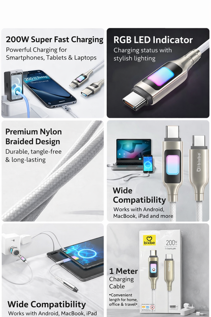 Bixbe Titanium 200w RGB Light Type C to Type C cable with Unbreakable wire