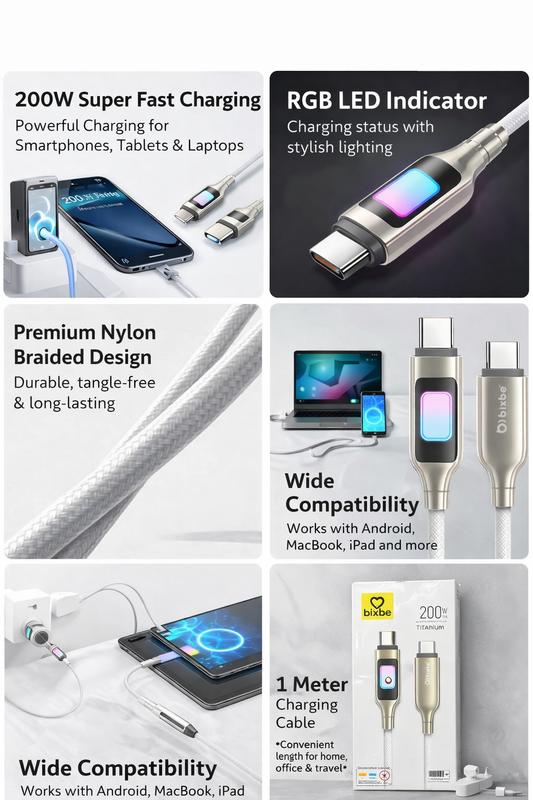Bixbe Titanium 200w RGB Light Type C to Type C cable with Unbreakable wire
