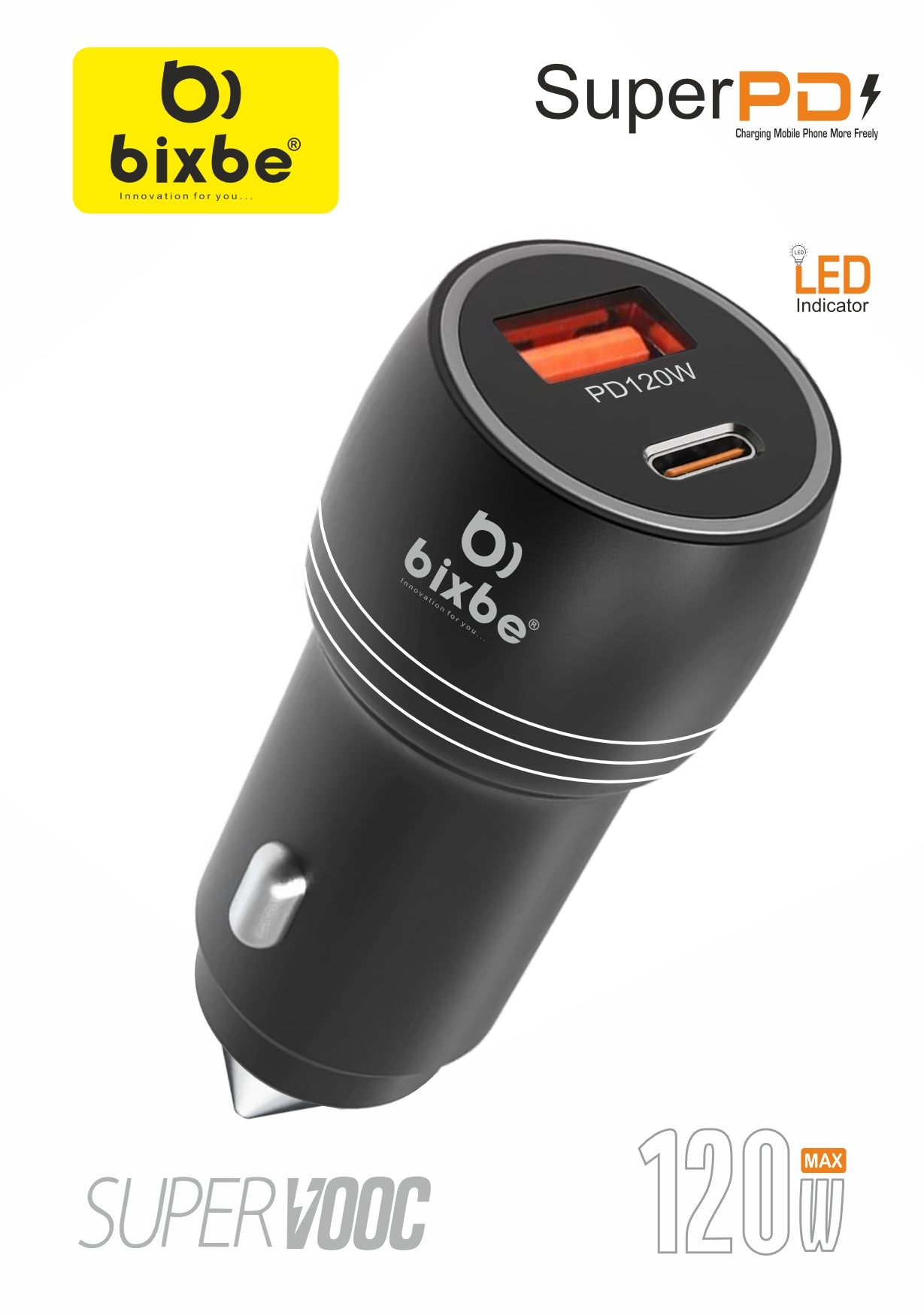 BIXBE 120w SUPERVOOC, SUPER Fast Car Charger,  Dual Port Car Charging Adapter with LED Light - Black [Car Charger Adapter for Android & iPhone]