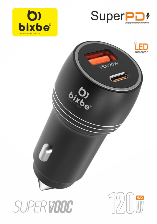 BIXBE 120w SUPERVOOC, SUPER Fast Car Charger,  Dual Port Car Charging Adapter with LED Light - Black [Car Charger Adapter for Android & iPhone]