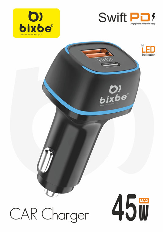 Bixbe 45 Watts Car Power 45 Dual Output Fast Car Charger with 100W Type-C Cable (1m), 45W Type-C PD & 18W USB, Charging Adapter Compatible with Cars for iPhone & Android Smartphone, Laptop(Black, White)