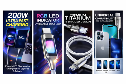 Bixbe Titanium 200w RGB Light Type C to Type C cable with Unbreakable wire