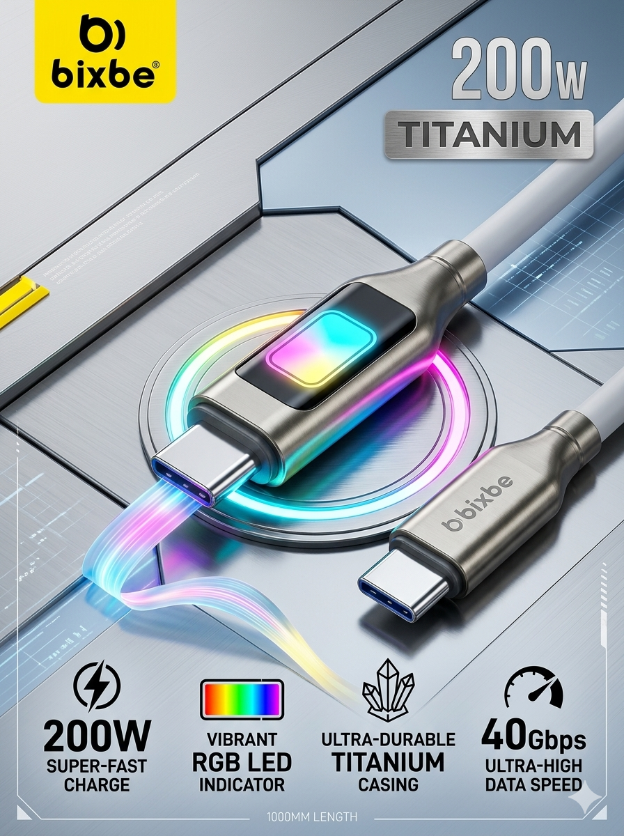 Bixbe Titanium 200w RGB Light Type C to Type C cable with Unbreakable wire