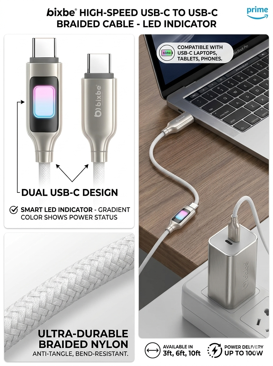 Bixbe Titanium 200w RGB Light Type C to Type C cable with Unbreakable wire