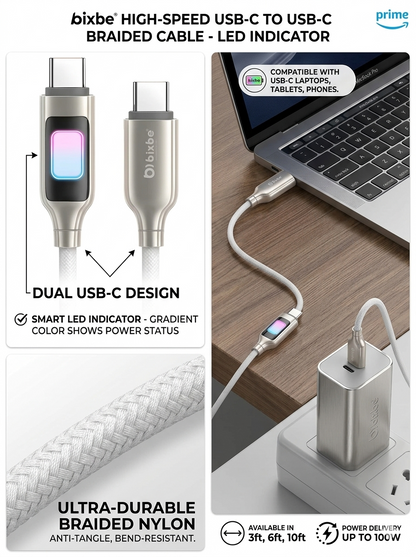 Bixbe Titanium 200w RGB Light Type C to Type C cable with Unbreakable wire