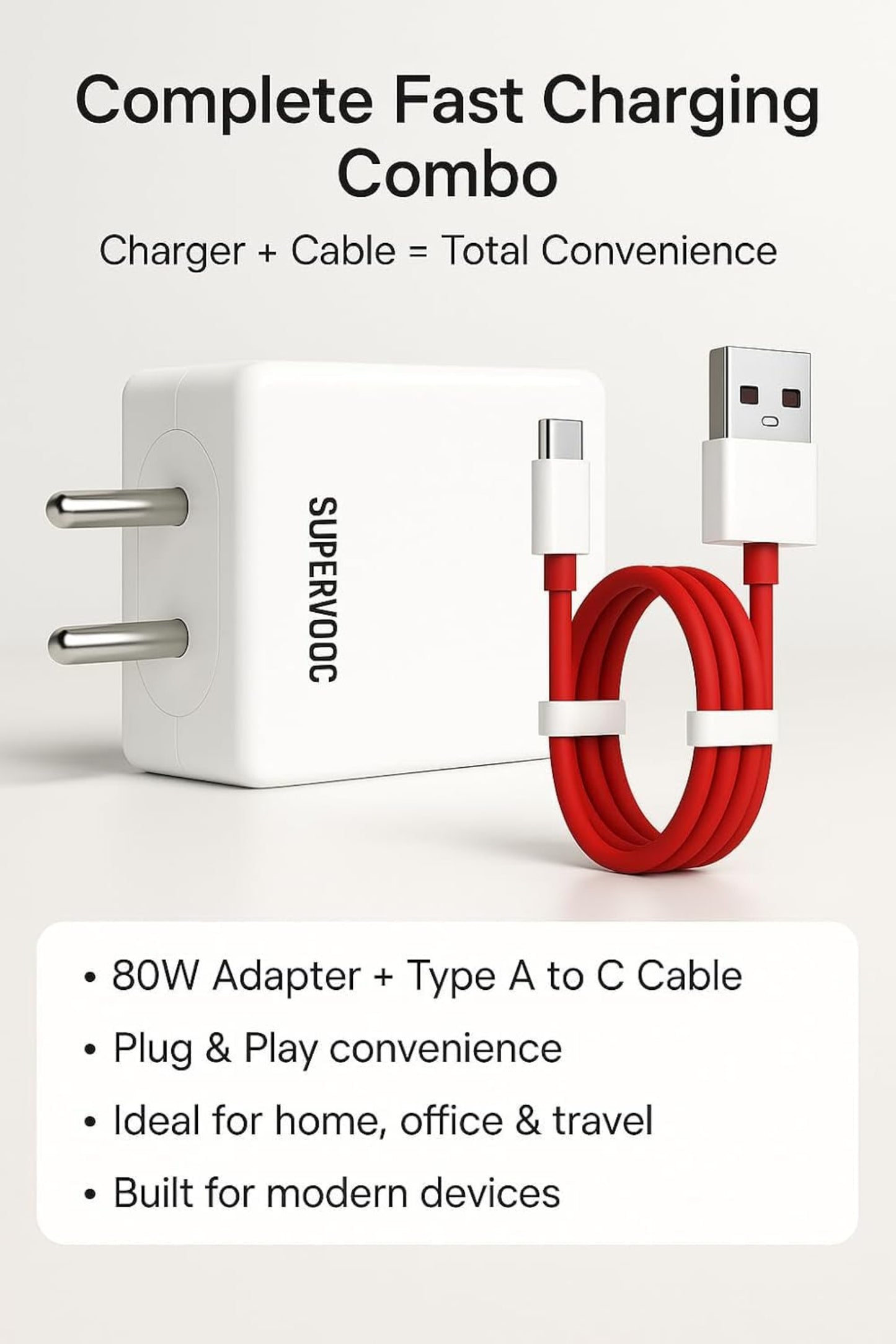 Bixbe 100w Supervooc Charger USB-A Power Adapter with Cable | Ultra-Fast Charging for Oppo, Realme, OnePlus, Xiaomi, | Supports Supervooc, VOOC, Dart, Warp, Quick Charge, White